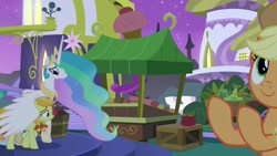 Size: 1920x1080 | Tagged: safe, imported from derpibooru, screencap, applejack, jonagold, marmalade jalapeno popette, princess celestia, alicorn, earth pony, pony, the summer sun setback, apple family member, female, mare, momlestia, wing blanket