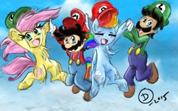 Size: 1133x705 | Tagged: safe, artist:superdashiebros, imported from derpibooru, fluttershy, rainbow dash, pegasus, pony, cap, crossover, female, hat, luigi, luigi's hat, male, mario, mario & luigi, mario's hat, marishy, super mario bros.