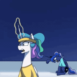 Size: 500x500 | Tagged: safe, artist:anticular, imported from derpibooru, princess celestia, princess luna, alicorn, pony, ask sunshine and moonbeams, :t, animated, breathing, clothes, day, dumbbell (object), exercise, exhausted, female, floppy ears, focused, frown, gif, glare, glowing horn, headband, horn, leaning, magic, mare, missing accessory, night, open mouth, royal sisters, shirt, sitting, sun, sun work, sweat, sweatband, tired, weight lifting, weights, wide eyes