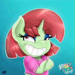 Size: 1679x1679 | Tagged: safe, artist:09hankris, imported from derpibooru, oc, oc only, oc:tiffany tourmaline, pony, unicorn, my little pony: pony life, bitch, clothes, crossed hooves, female, g4.5, grin, grinning potato, mare, shirt, smiling, solo, style emulation, t-shirt, vulgar