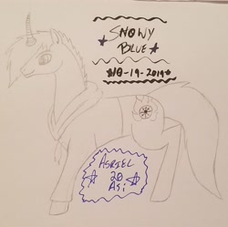 Size: 1632x1626 | Tagged: safe, artist:asriel20asi, imported from derpibooru, oc, oc:snowy blue, pony, unicorn, clothes, coco's man, gift art, hoodie, male, stallion, sweatshirt, traditional art