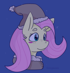 Size: 616x643 | Tagged: safe, artist:fuzzypones, imported from derpibooru, fluttershy, pony, animated, blinking, blush sticker, blushing, breath, breathing, bust, clothes, eyebrows, female, freckles, gif, hat, mare, portrait, solo, three quarter view, visible breath, winter, winter outfit