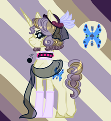 Size: 1352x1476 | Tagged: safe, artist:grateful-dead-raised, imported from derpibooru, oc, oc only, pony, unicorn, abstract background, choker, clothes, crack ship offspring, freckles, hat, next generation, offspring, parent:hayseed turnip truck, parent:rarity, parents:rariseed, scarf, solo, stockings, thigh highs