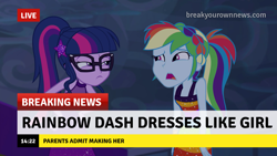 Size: 1280x720 | Tagged: safe, edit, edited screencap, imported from derpibooru, screencap, rainbow dash, twilight sparkle, equestria girls, spring breakdown, break your own news, breaking news, captain obvious, clothes, confused, dress, looking at each other, meme, rainbow dash always dresses in style, suspicious