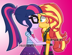 Size: 900x693 | Tagged: safe, artist:paulysentry, deleted from derpibooru, imported from derpibooru, sci-twi, sunset shimmer, twilight sparkle, equestria girls, blushing, bowtie, clothes, duo, eyes closed, female, glasses, kissing, leather vest, lesbian, ponytail, scitwishimmer, shipping, skirt, sunsetsparkle, surprise kiss, surprised, vest, watermark, wide eyes