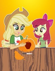 Size: 787x1015 | Tagged: safe, artist:paulysentry, deleted from derpibooru, imported from derpibooru, apple bloom, applejack, equestria girls, apple, female, fence, food, halloween, pumpkin, pumpkin carving, siblings, sisters