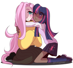 Size: 923x866 | Tagged: safe, artist:georgisse-tyan, imported from derpibooru, fluttershy, twilight sparkle, human, alternate hairstyle, blushing, boots, clothes, cute, dark skin, female, flats, hug, humanized, kneeling, lesbian, long skirt, mary janes, one eye closed, shipping, shirt, shoes, shyabetes, simple background, skirt, socks, sweater, sweatershy, transparent background, twiabetes, twishy, wink