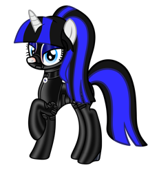 Size: 3840x4154 | Tagged: safe, alternate version, artist:damlanil, imported from derpibooru, oc, oc only, oc:coldlight bluestar, pony, unicorn, bondage, bondage mask, catsuit, clothes, collar, female, gag, gimp suit, high heels, hood, horn, latex, latex suit, makeup, mare, muzzle gag, raised hoof, rubber, shiny, shoes, simple background, solo, transparent background