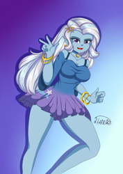 Size: 1240x1748 | Tagged: safe, artist:hwers, imported from derpibooru, trixie, equestria girls, barrette, beautiful, bracelet, breasts, busty trixie, cleavage, clothes, dress, female, jewelry, legs, looking at you, necklace, solo, thighs