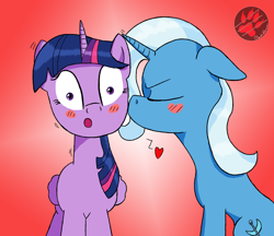 Size: 2900x2500 | Tagged: safe, artist:darkprinceismyname, imported from derpibooru, trixie, twilight sparkle, alicorn, pony, cheek kiss, female, kiss on the cheek, kissing, lesbian, shipping, twilight sparkle (alicorn), twixie