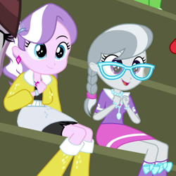 Size: 800x800 | Tagged: safe, imported from derpibooru, screencap, diamond tiara, silver spoon, equestria girls, friendship games, braided ponytail, clothes, cropped, duo focus, ear piercing, earring, female, glasses, jacket, jewelry, necklace, piercing, smiling