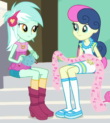 Size: 690x770 | Tagged: safe, imported from derpibooru, screencap, bon bon, lyra heartstrings, sweetie drops, a queen of clubs, equestria girls, equestria girls series, adorabon, cropped, cute, duo, duo female, female, headband, knitting, knitting needles, looking at each other, lyrabetes, sitting, smiling, steps