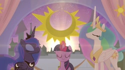 Size: 1920x1080 | Tagged: safe, imported from derpibooru, screencap, princess celestia, princess luna, twilight sparkle, alicorn, pony, the summer sun setback, ethereal mane, eyes closed, female, lens flare, magic, magic aura, mare, raising the sun, royal sisters, sunrise, trio, twilight sparkle (alicorn)