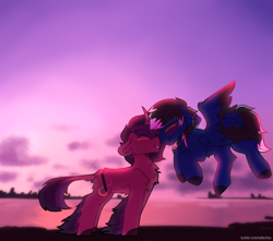 Size: 1920x1700 | Tagged: safe, artist:sailor, imported from derpibooru, oc, oc:livewire, oc:rubellite, pegasus, unicorn, cutie mark, female, lesbian, sunset