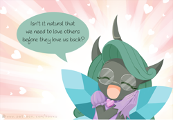 Size: 1000x697 | Tagged: safe, artist:howxu, edit, imported from derpibooru, queen chrysalis, anthro, changeling, changeling queen, spoiler:comic, clothes, comic, cropped, curved horn, cute, cutealis, daaaaaaaaaaaw, dialogue, dork, dorkalis, eyes closed, female, glassalys, glasses, heart, hnnng, horn, howxu is trying to murder us, mirror universe, nerd, open mouth, question mark, reversalis, smiling, solo, speech bubble