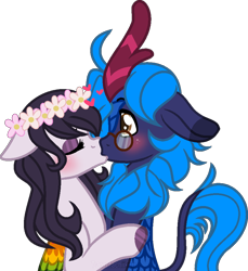 Size: 800x872 | Tagged: safe, artist:space-higanbana, imported from derpibooru, oc, oc only, oc:azure splash, oc:blissful solstice, kirin, pegasus, pony, base used, blushing, female, floral head wreath, flower, glasses, kirin oc, kissing, male, mare, show accurate, simple background, transparent background