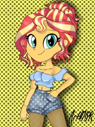 Size: 1536x2048 | Tagged: safe, artist:artmlpk, imported from derpibooru, sunset shimmer, equestria girls, alternate hairstyle, bun, clothes, cute, female, hair bun, hand in pocket, hands in pockets, midriff, polka dot background, shimmerbetes, short shirt, solo