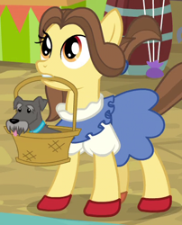 Size: 400x495 | Tagged: safe, imported from derpibooru, screencap, ruby slippers (g4), ruby slippers (pony), dog, earth pony, pony, growing up is hard to do, season 9, spoiler:s09, basket, clothes, costume, cropped, dorothy gale, mouth hold, the wizard of oz, toto