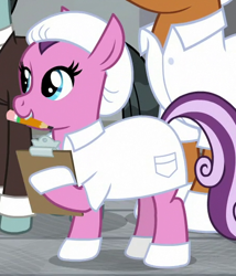 Size: 450x525 | Tagged: safe, imported from derpibooru, screencap, lavender flask, sans smirk, earth pony, pony, the last laugh, clipboard, clothes, cropped, hoof gloves, lab coat, mouth hold, pencil, solo focus