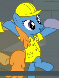 Size: 325x430 | Tagged: safe, imported from derpibooru, screencap, giggleberry, earth pony, pony, the last laugh, background pony, bipedal, cropped, dancing, hard hat, offscreen character, solo focus