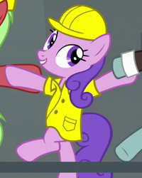 Size: 340x425 | Tagged: safe, imported from derpibooru, screencap, pun twirl, sans smirk, earth pony, pony, the last laugh, background pony, bipedal, cropped, dancing, hard hat, line dancing, solo focus