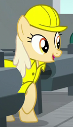 Size: 225x390 | Tagged: safe, imported from derpibooru, screencap, banana mash, earth pony, pony, the last laugh, background pony, cropped, female, g4, happy, hard hat, indoors, mare, open mouth, open smile, raised hoof, smiling, solo