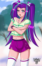 Size: 2437x3800 | Tagged: safe, artist:danmakuman, imported from derpibooru, aria blaze, equestria girls, adorasexy, belly button, clothes, crossed arms, cute, female, human coloration, jewelry, looking at you, midriff, necklace, sexy, shirt, short shirt, shorts, solo, stupid sexy aria blaze