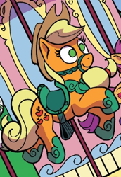 Size: 290x421 | Tagged: safe, idw, imported from derpibooru, applejack, scootaloo, spoiler:comic, spoiler:comic78, bridle, carousel, cropped, inanimate tf, merry-go-round, saddle, solo focus, tack, transformation