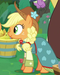 Size: 248x310 | Tagged: safe, imported from derpibooru, screencap, applejack, discord, earth pony, pony, the big mac question, alternate hairstyle, braided pigtails, bridesmaid dress, clothes, cropped, dress, female, mare, solo, solo focus