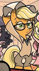 Size: 172x310 | Tagged: safe, artist:jay fosgitt, idw, imported from derpibooru, applejack, fluttershy, earth pony, pony, spoiler:comic, spoiler:comicffomnibus2, bipedal, brad majors, clothes, costume, cropped, glasses, solo focus