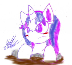 Size: 526x480 | Tagged: safe, artist:fuzon-s, edit, editor:pagiepoppie12345, imported from derpibooru, oc, oc only, oc:twilight panda, pony, unicorn, blushing, colored, colored sketch, cute, dirt, frown, hole, mspaintponies, mspaintponies fanart, nope, ocbetes, rock, solo, watermark