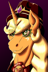 Size: 2000x3000 | Tagged: safe, artist:korencz11, imported from derpibooru, applejack, alicorn, pony, brooch, bust, circlet, clothes, female, freckles, hat, necktie, princess, simple background, solo