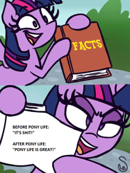 Size: 760x1015 | Tagged: safe, edit, imported from derpibooru, twilight sparkle, alicorn, pony, my little pony: pony life, book, exploitable meme, female, g4.5, meme, mouthpiece, op is a duck, solo, twilight sparkle (alicorn), twilight's fact book, vulgar