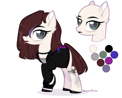 Size: 3167x2535 | Tagged: safe, artist:rerorir, imported from derpibooru, oc, oc only, oc:cut crease, earth pony, pony, choker, cigarette, clothes, female, freckles, jacket, leather jacket, lipstick, mare, mascara, multicolored hair, nail polish, raised hoof, reference sheet, shirt, simple background, smoke, smoking, solo, t-shirt, unshorn fetlocks, white background