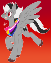 Size: 1439x1767 | Tagged: safe, artist:polymercorgi, imported from derpibooru, oc, oc only, oc:flaw, pegasus, pony, bandana, cutie mark, fangs, genderfluid, genderfluid pride flag, pansexual, pansexual pride flag, red eyes, solo, unshorn fetlocks