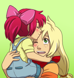 Size: 421x441 | Tagged: safe, artist:hazurasinner, edit, imported from derpibooru, apple bloom, applejack, human, apple bloom's bow, apple sisters, blushing, bow, clothes, cropped, cute, female, forehead kiss, hair bow, humanized, kissing, one eye closed, sibling love, siblings, sister, sisterly love, sisters, younger