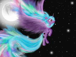 Size: 1600x1200 | Tagged: safe, artist:auroraswirls, imported from derpibooru, oc, oc only, oc:aurora swirls, alicorn, pony, alicorn oc, female, flying, full moon, mare, moon, night, solo, stars