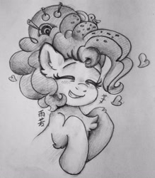 Size: 2800x3203 | Tagged: safe, artist:yunuo, imported from derpibooru, pinkie pie, pony, the last problem, female, heart, monochrome, older, older pinkie pie, solo, traditional art