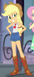 Size: 312x690 | Tagged: safe, imported from derpibooru, screencap, applejack, fluttershy, equestria girls, street chic, spoiler:eqg series (season 2), bare shoulders, cropped, female, offscreen character, sleeveless, solo focus