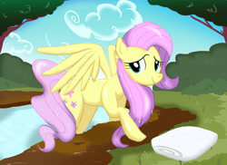 Size: 3509x2550 | Tagged: safe, artist:neoshrek, imported from derpibooru, fluttershy, pegasus, pony, female, looking at you, mare, outdoors, river, smiling, solo, spread wings, three-quarter view, towel, water, wet, wings