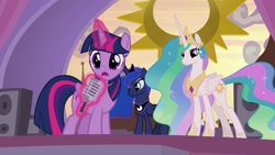 Size: 1920x1080 | Tagged: safe, imported from derpibooru, screencap, princess celestia, princess luna, twilight sparkle, twilight sparkle (alicorn), alicorn, pony, the summer sun setback, magic, microphone