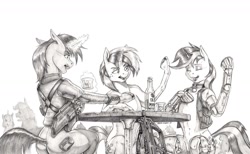 Size: 1600x986 | Tagged: safe, artist:baron engel, imported from derpibooru, oc, oc:blackjack, oc:cinnamon cider, oc:littlepip, cyborg, pony, unicorn, fallout equestria, fallout equestria: project horizons, amputee, augmented, bar, bottle, butt, clothes, collar, colored hooves, cyber legs, eyes closed, fanfic, fanfic art, female, glowing horn, grayscale, gun, handgun, hooves, horn, jumpsuit, levitation, little macintosh, magic, mare, monochrome, pencil drawing, pipbuck, plot, prosthetic leg, prosthetic limb, prosthetics, revolver, simple background, sitting, table, telekinesis, traditional art, vault suit, weapon, white background