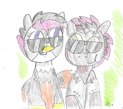 Size: 923x819 | Tagged: safe, artist:ptitemouette, imported from derpibooru, oc, oc:feather dash, oc:rhyme mash, pony, interspecies offspring, magical lesbian spawn, offspring, parent:button mash, parent:gabby, parent:scootaloo, parent:sweetie belle, parents:gabbyloo, parents:sweetiemash