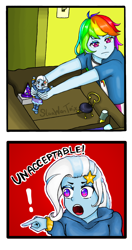 Size: 1020x1932 | Tagged: safe, artist:starwantrix, imported from derpibooru, rainbow dash, trixie, equestria girls, chibi, comic, cute, diatrixes, doll, female, lemongrab, parody, playing, toy, unacceptable