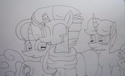 Size: 4903x2992 | Tagged: safe, artist:徐詩珮, imported from derpibooru, fizzlepop berrytwist, glitter drops, spring rain, tempest shadow, pony, unicorn, series:springshadowdrops diary, broken horn, clothes, cute, female, glitterbetes, glittershadow, horn, lesbian, lineart, mare, polyamory, scarf, shipping, springbetes, springdrops, springshadow, springshadowdrops, tempestbetes, traditional art