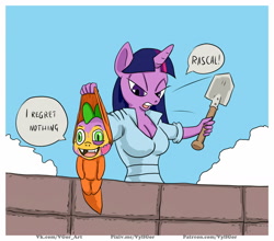 Size: 1564x1376 | Tagged: safe, artist:vylfgor, imported from derpibooru, spike, twilight sparkle, anthro, clothes, i regret nothing, makeup, shovel