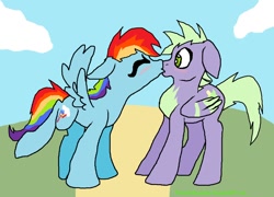 Size: 900x648 | Tagged: safe, artist:rosetheeevee12, imported from derpibooru, rainbow dash, spike, pegasus, pony, blushing, female, kissing, male, ponified, ponified spike, rainbowspike, shipping, species swap, straight