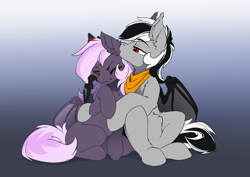 Size: 3508x2480 | Tagged: safe, artist:arctic-fox, imported from derpibooru, oc, oc:sak, oc:stormdancer, bat pony, pony, vampire, vampony, bandana, bat pony oc, bat wings, crown, cute, fangs, female, hug, jewelry, love, male, mare, red eyes, regalia, sakancer, shipping, sitting, smooch, stallion, straight, winghug, wings