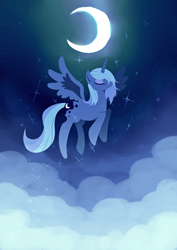 Size: 2150x3035 | Tagged: safe, artist:tan_fantazma, imported from derpibooru, princess luna, alicorn, pony, cloud, crescent moon, eyes closed, female, flying, high res, mare, moon, night, pixiv, s1 luna, sky, solo, spread wings, stars, wings