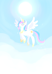 Size: 2150x3035 | Tagged: safe, artist:tan_fantazma, imported from derpibooru, princess celestia, alicorn, pony, cloud, eyes closed, female, flying, high res, mare, pixiv, sky, solo, spread wings, sun, wings